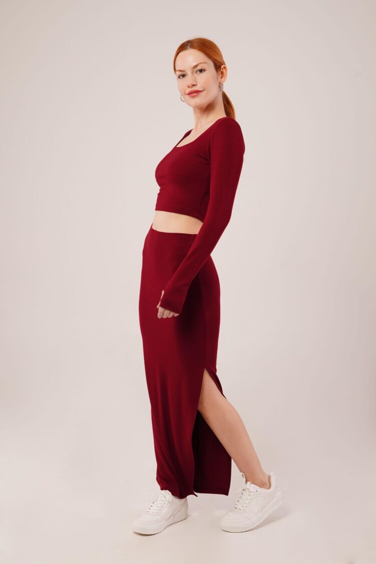 Square Collar Blouse And Slit Detailed Skirt Wholesale Double Burgundy Suit - Producer: Lustrin - Wholesale Women Clothes - TheBS Women