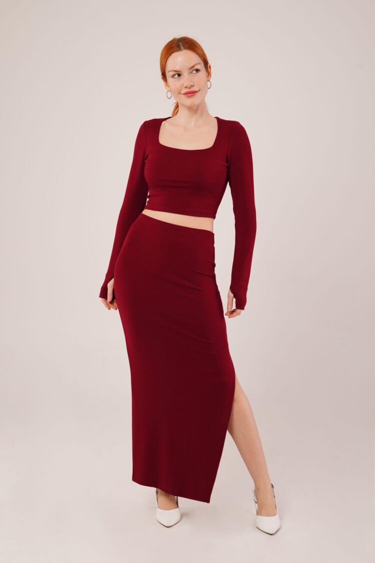 Square Collar Blouse And Slit Detailed Skirt Wholesale Double Burgundy Suit - Producer: Lustrin - Wholesale Women Clothes - TheBS Women