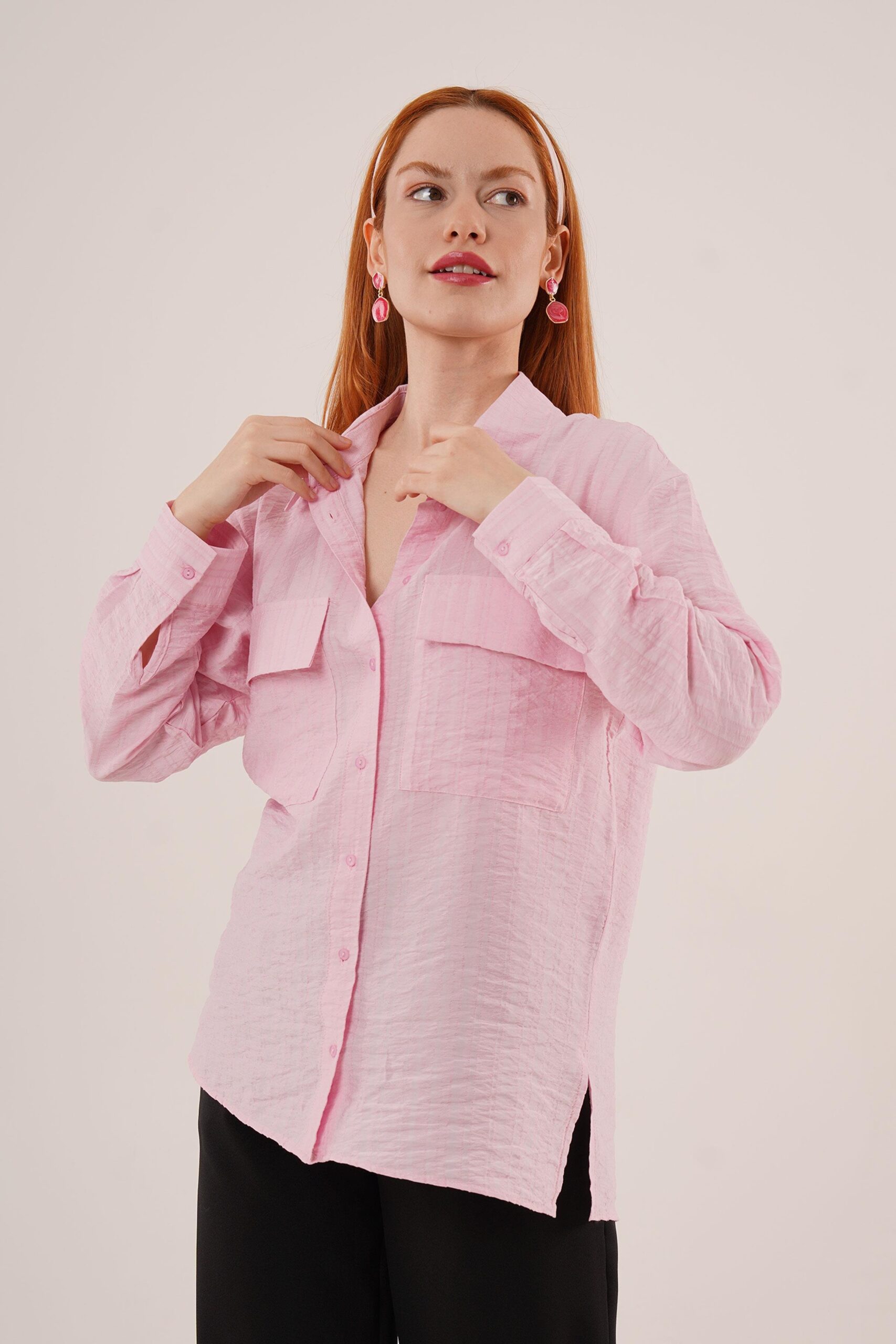 WholesaleShirt With Self Striped Pockets And Buttons - Producer: Lustrin - Wholesale Women Clothes - TheBS Women