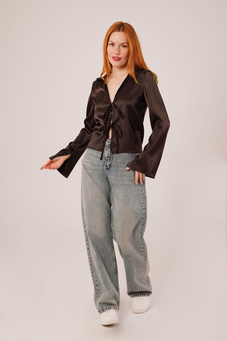Front Drawstring Detailed Satin WholesaleBlouse - Producer: Lustrin - Wholesale Women Clothes - TheBS Women
