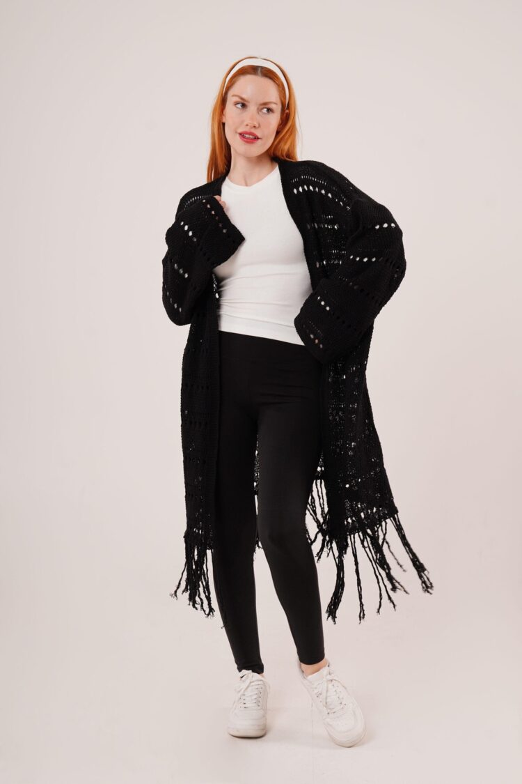 Perforated Transitional Tassel Detail Long Knitwear WholesaleCardigan - Producer: Lustrin - Wholesale Women Clothes - TheBS Women