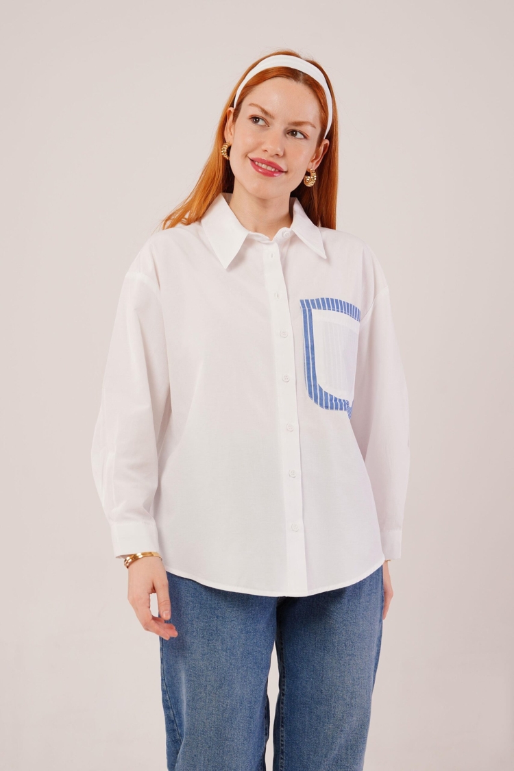 Striped Pocket Detailed White Wholesale Shirt - Producer: Lustrin - Wholesale Women Clothes - TheBS Women