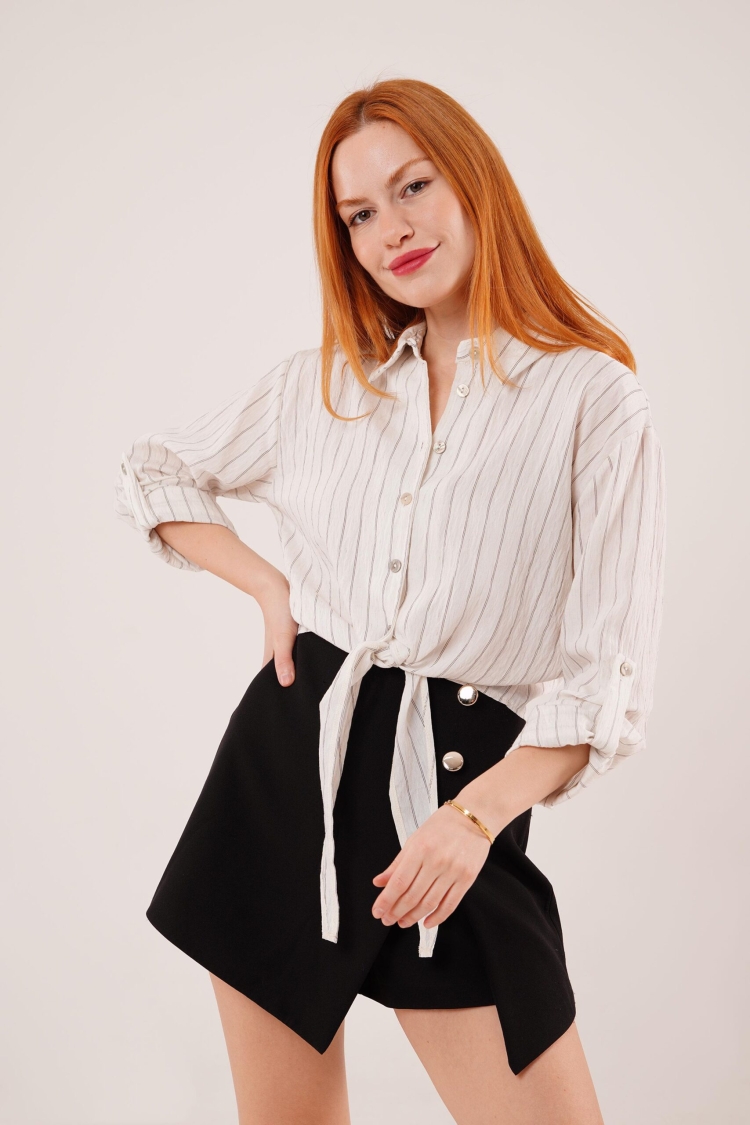 Wholesale White Shirt With Sleeve Detailed Tie Up Stripes - Producer: Lustrin - Wholesale Women Clothes - TheBS Women