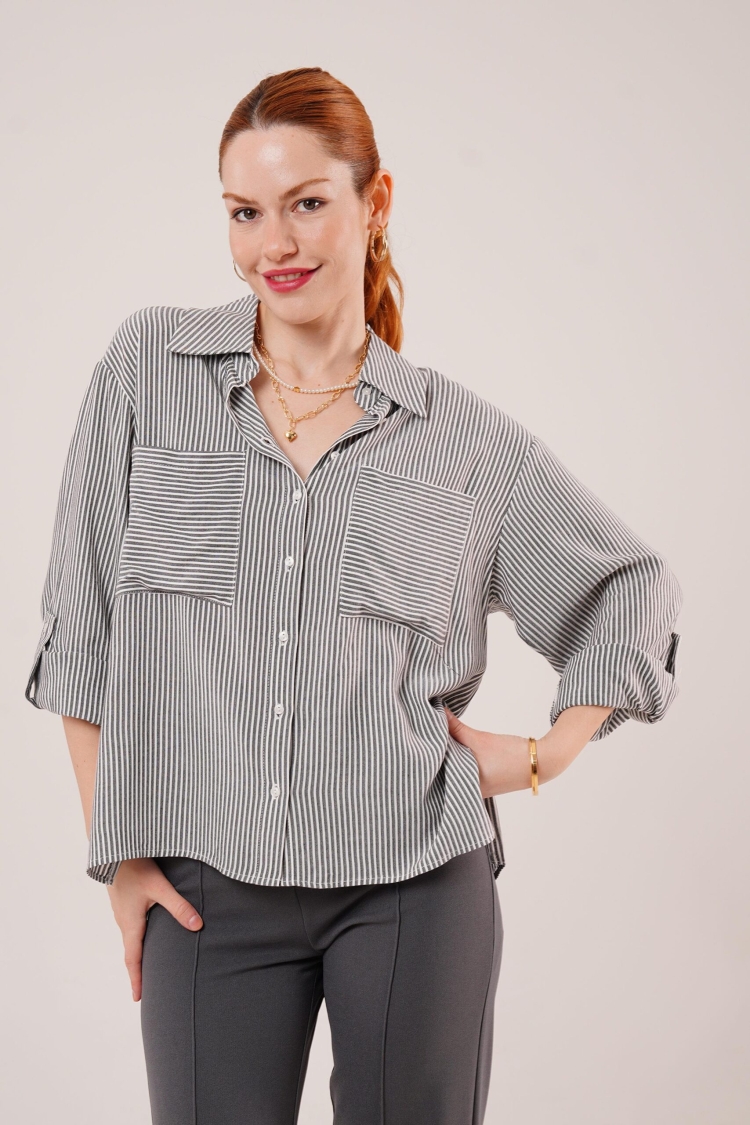 Bat Sleeve Striped Pocket Detailed WholesaleShirt - Producer: Lustrin - Wholesale Women Clothes - TheBS Women