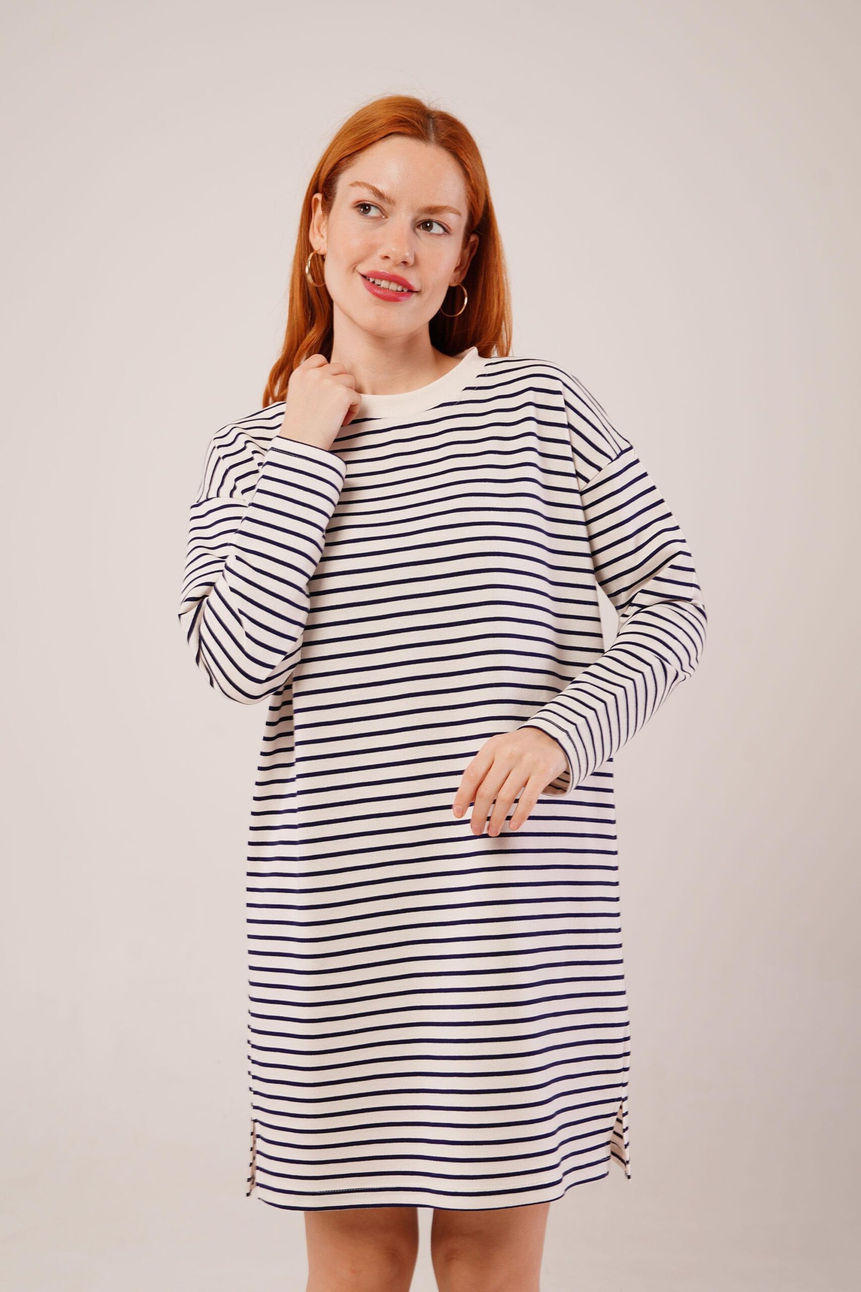 Sleek Cut Striped Long Navy Wholesale Sweatshirt - Producer: Lustrin - Wholesale Women Clothes - TheBS Women