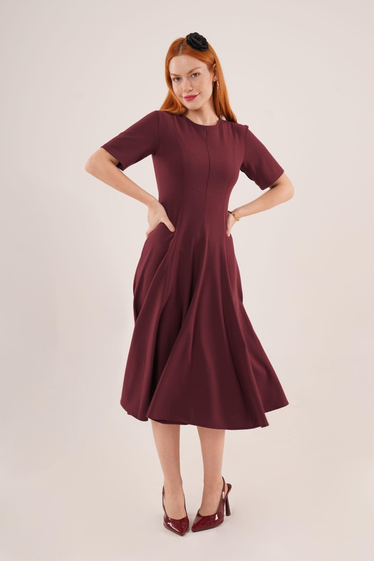 Stitching Detailed Short Sleeve Wholesale Burgundy Long Dress - Producer: Lustrin - Wholesale Women Clothes - TheBS Women