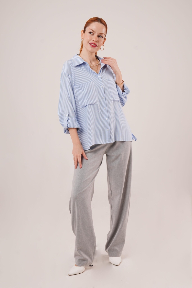 Bat Sleeve Striped Pocket Detailed WholesaleShirt - Producer: Lustrin - Wholesale Women Clothes - TheBS Women