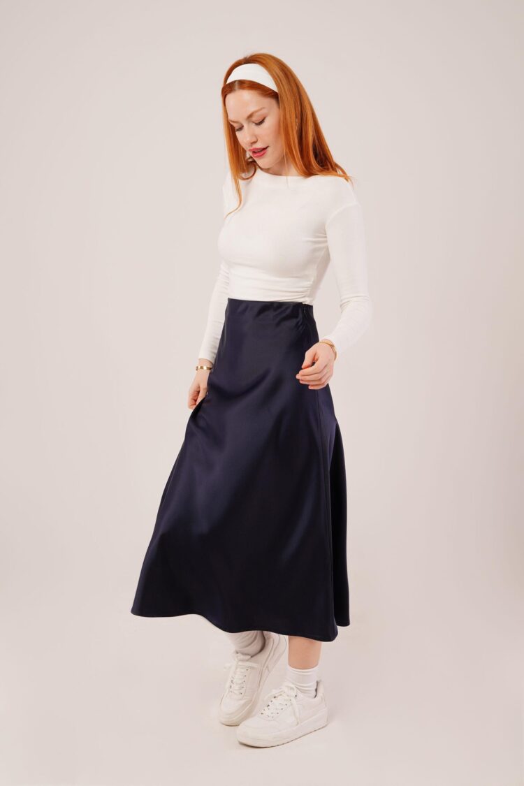 Bell Cut Midi Navy Wholesale Satin Skirt - Producer: Lustrin - Wholesale Women Clothes - TheBS Women