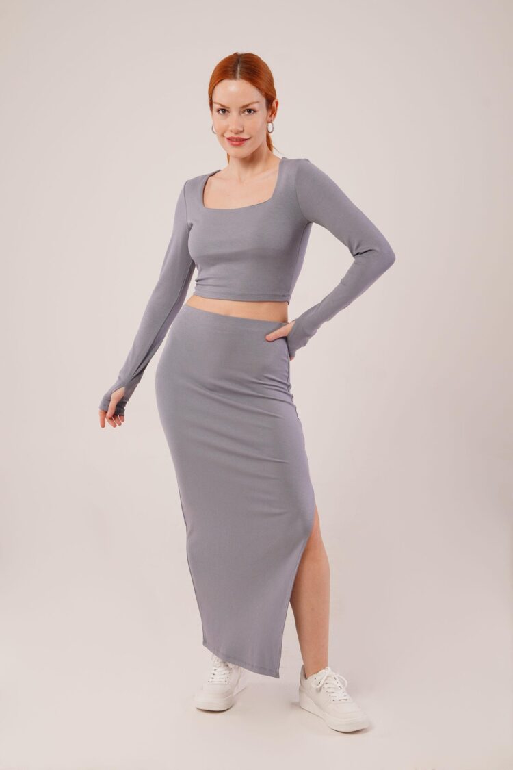 Square Collar Blouse And Slit Detailed Skirt Wholesale Double Gray Suit - Producer: Lustrin - Wholesale Women Clothes - TheBS Women