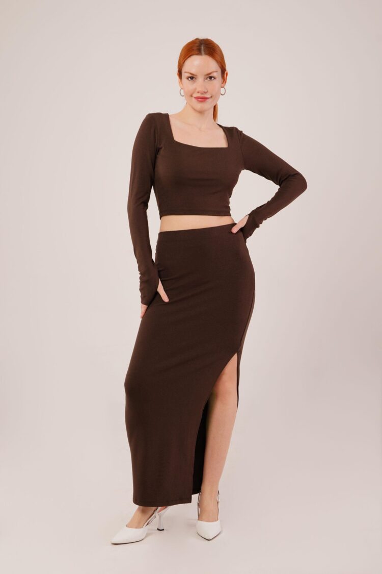 Square Collar Blouse And Slit Detailed Skirt Wholesale DoubleSuit - Producer: Lustrin - Wholesale Women Clothes - TheBS Women