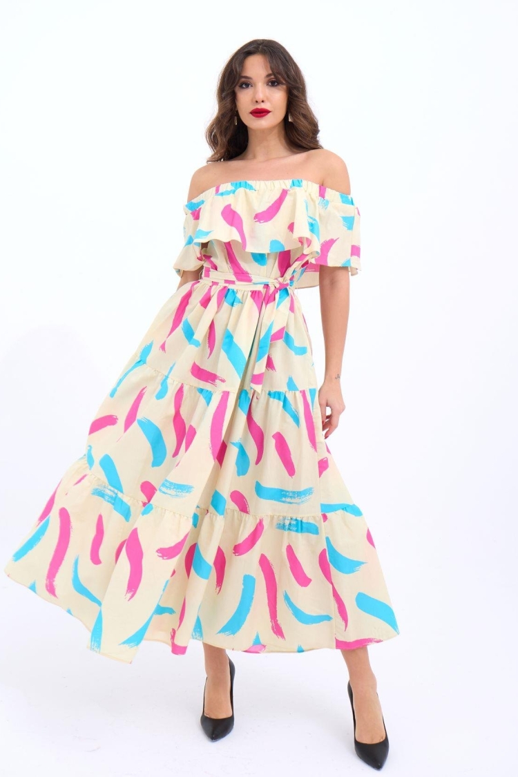 Patterned Dress - Cream & - Brand: Fame - Women & Kids, Baby Clothes Wholesale - TheBS Women
