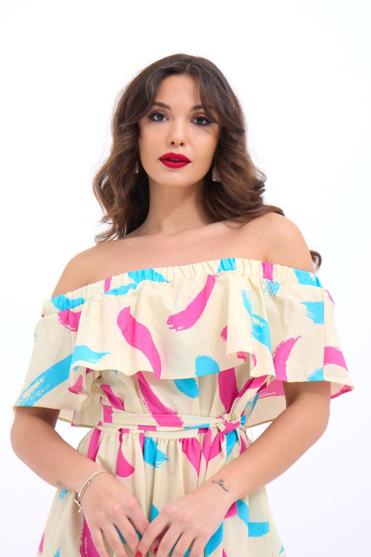Patterned Dress - Cream & - Brand: Fame - Women & Kids, Baby Clothes Wholesale - TheBS Women