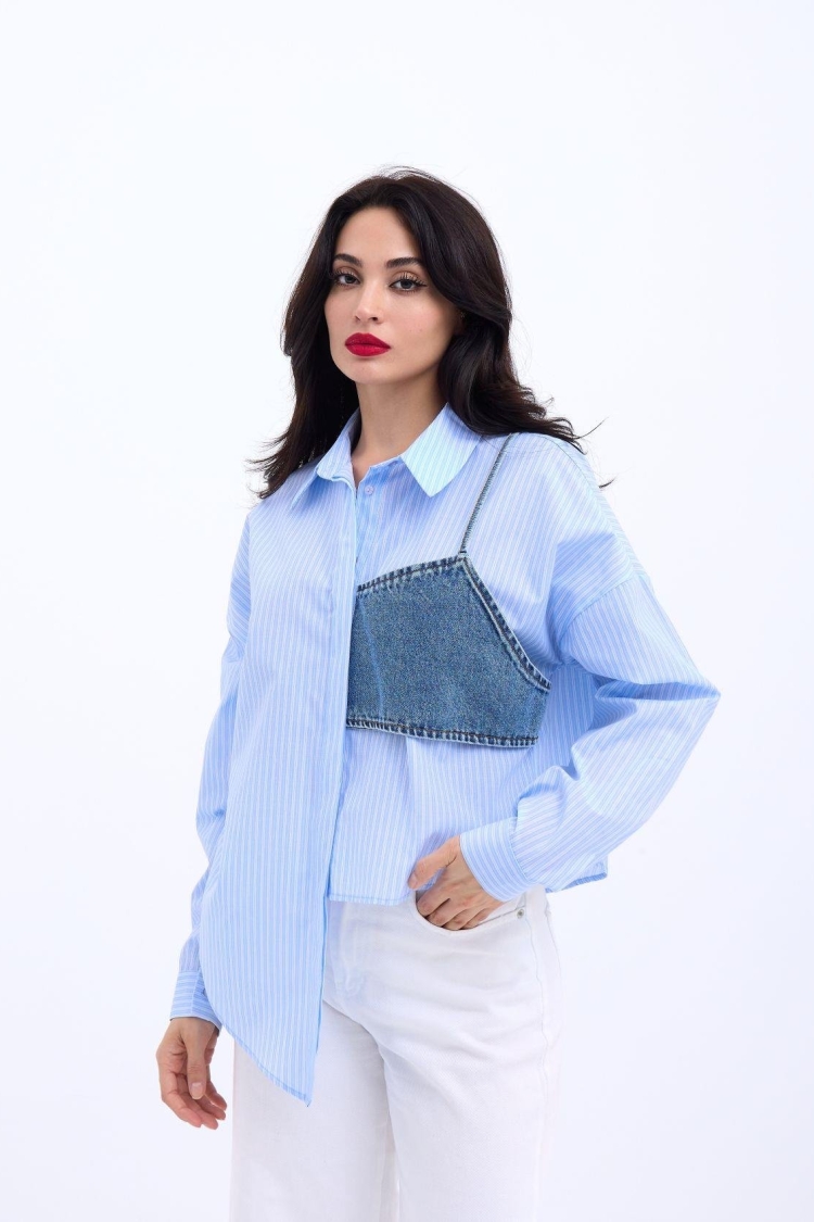 Striped Denim Detailed Shirt - Producer: Fame - Wholesale Women Clothes - TheBS Women