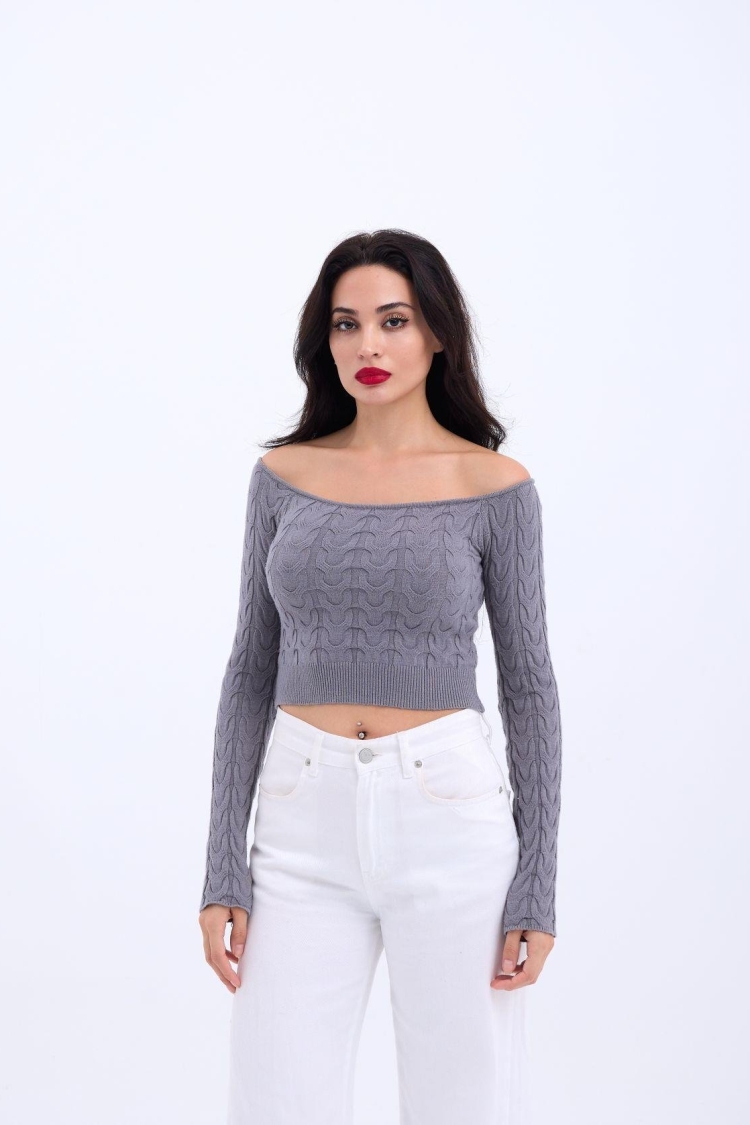 Knitwear Boat Neck Crop - Gray - Producer: Fame - Wholesale Women Clothes - TheBS Women