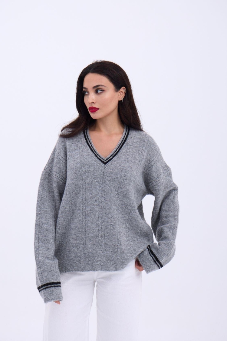 Knitwear V Neck Striped Sweater - Gray - Black - Producer: Fame - Wholesale Women Clothes - TheBS Women