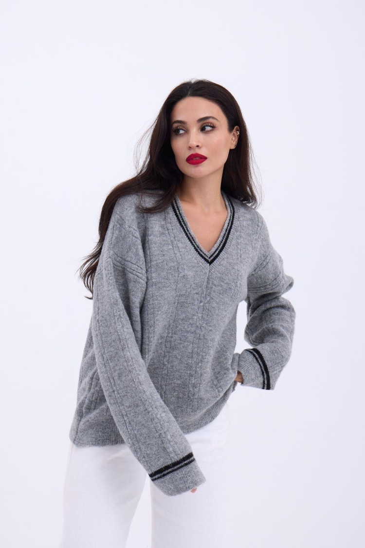 Knitwear V Neck Striped Sweater - Gray - Black - Producer: Fame - Wholesale Women Clothes - TheBS Women