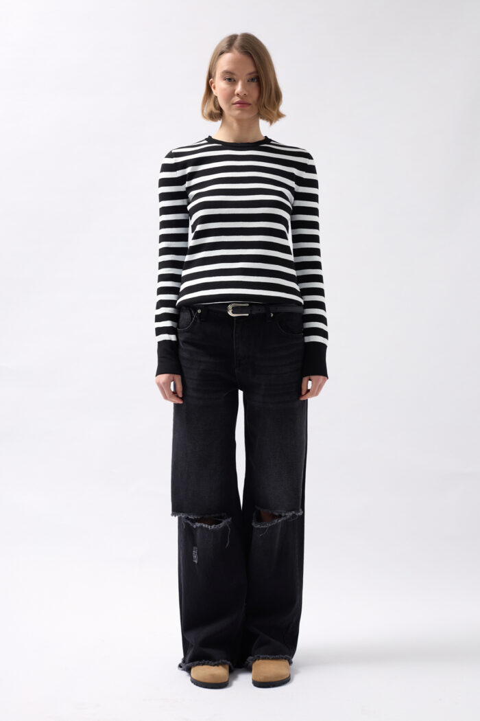Crew Neck Striped Blouse - White - Producer: Black Fashion - Wholesale Women Clothes - TheBS Women