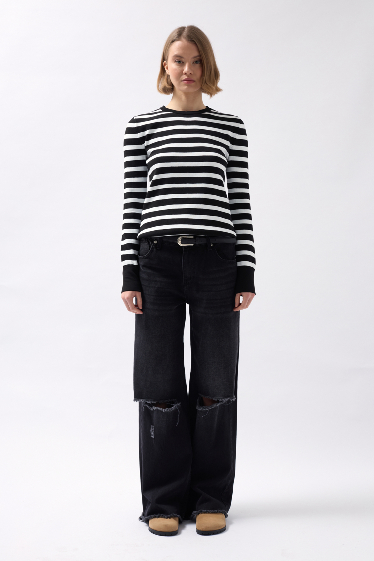 Crew Neck Striped Blouse - White - Producer: Black Fashion - Wholesale Women Clothes - TheBS Women