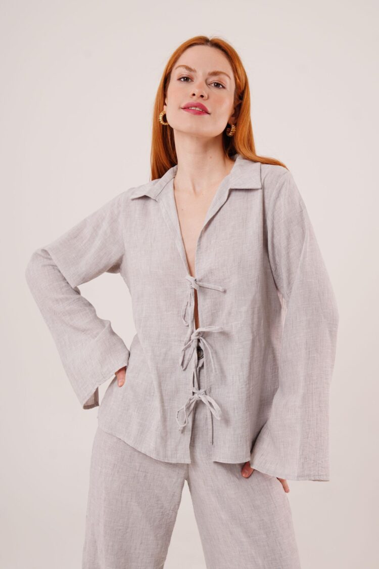Front Drawstring Detailed Pants And Shirt Wholesale Gray Two Piece Suit - Producer: Lustrin - Wholesale Women Clothes - TheBS Women