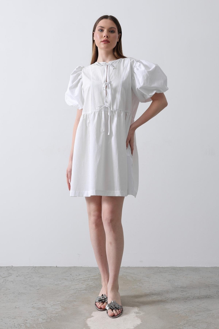 Balloon Sleeve Ribbon Detailed Dress - - Producer: Reyon - Wholesale Women Clothes - TheBS Women