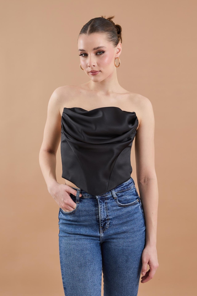 Satin Ruffle Detailed Bustier Black - Producer: Juste - Wholesale Women Clothes - TheBS Women