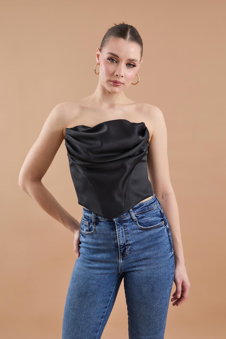 Satin Ruffle Detailed Bustier Black - Producer: Juste - Wholesale Women Clothes - TheBS Women