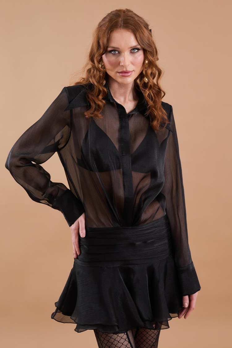 Organza Draped Ruffle Mini Dress Black - Producer: Juste - Wholesale Women Clothes - TheBS Women