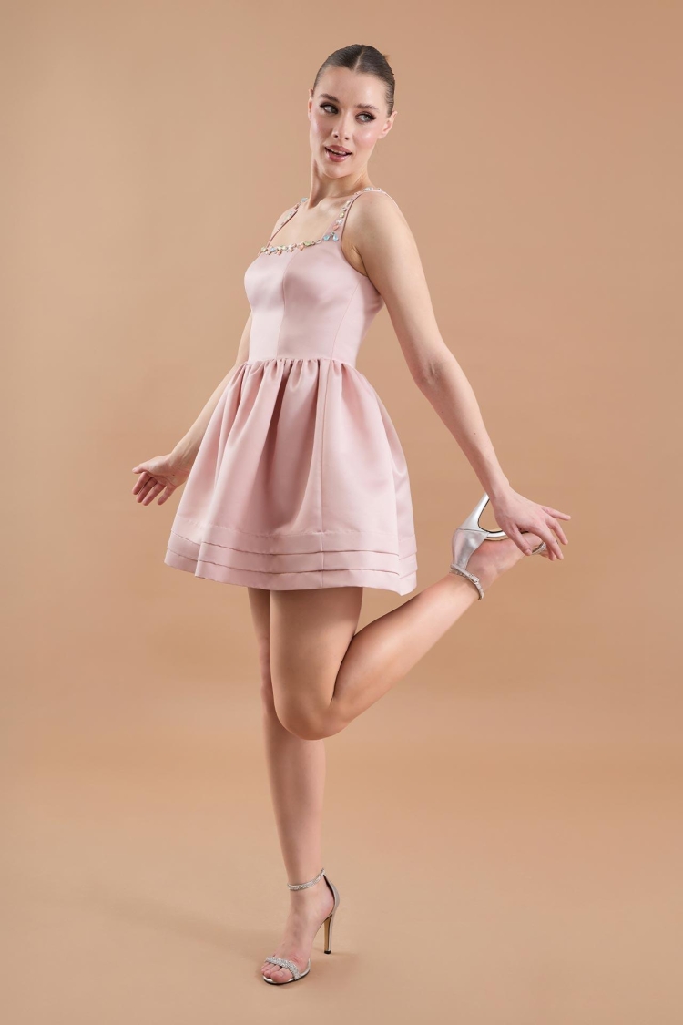 Satin Hand Embroidered Flared Mini Dress - Powder - Producer: Juste - Wholesale Women Clothes - TheBS Women