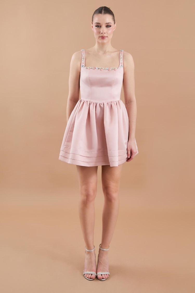 Satin Hand Embroidered Flared Mini Dress - Powder - Producer: Juste - Wholesale Women Clothes - TheBS Women