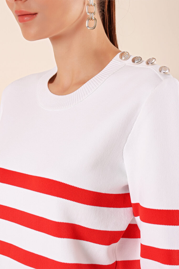 Button Detail Striped Sweater - C.red - Producer: Bigdart - Wholesale Women Clothes - TheBS Women
