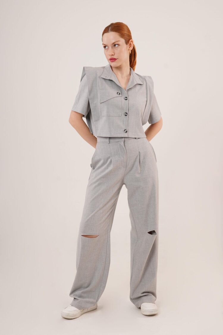Buttoned Blouse With Pockets And Knee Detailed Pants Gray Wholesale Two Piece Suit - Producer: Lustrin - Wholesale Women Clothes - TheBS Women