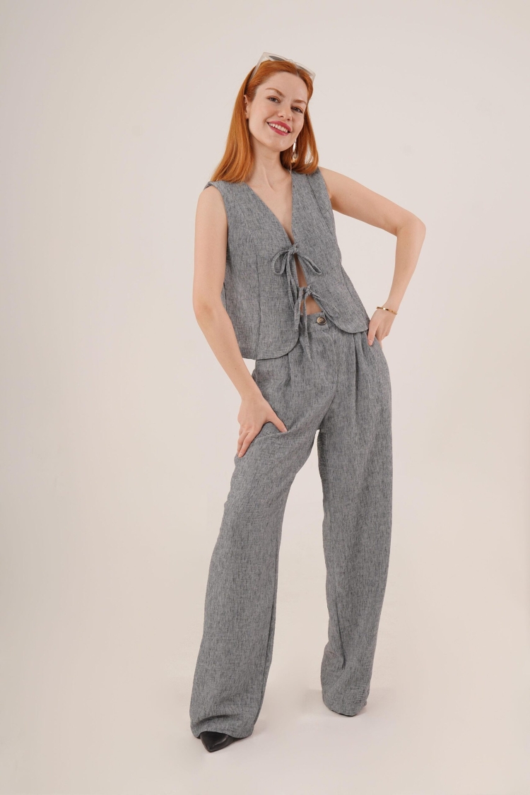 Front Drawstring Detailed Vest And Pants Anthracite Wholesale Two Piece Suit - Brand: Lustrin - Women & Kids, Baby Clothes Wholesale - TheBS Women