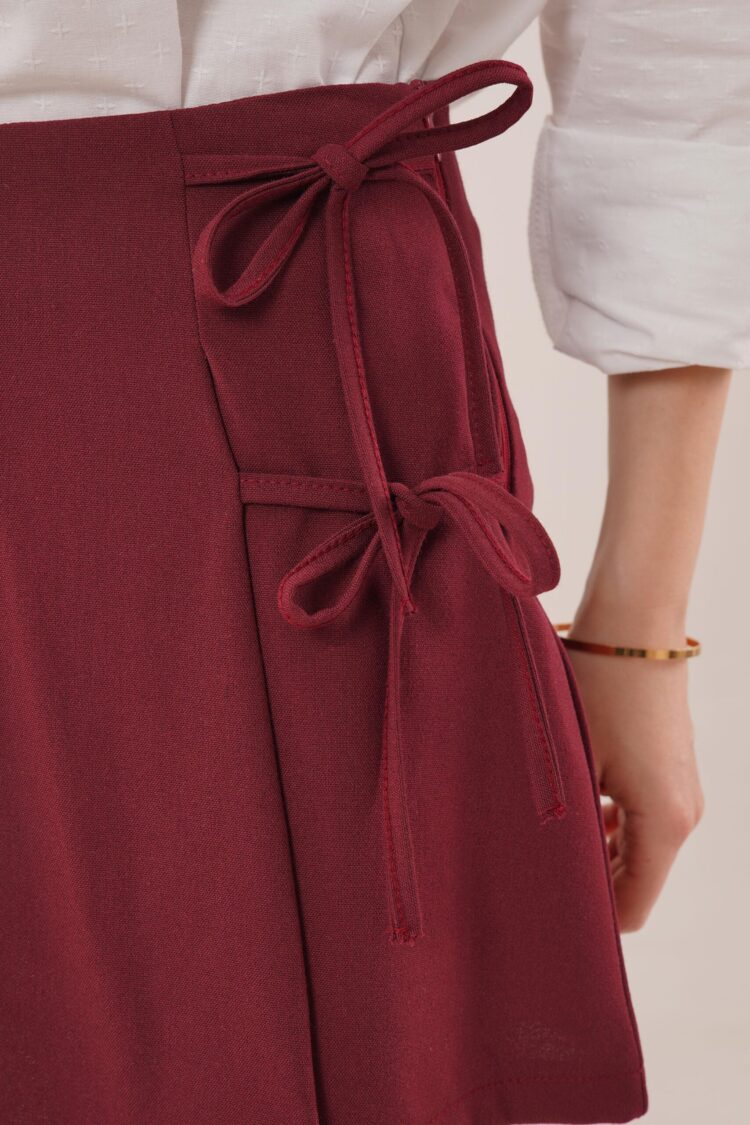 Front Pleated Side Drawstring Detailed Wholesale Burgundy Mini Shorts Skirt - Producer: Lustrin - Wholesale Women Clothes - TheBS Women