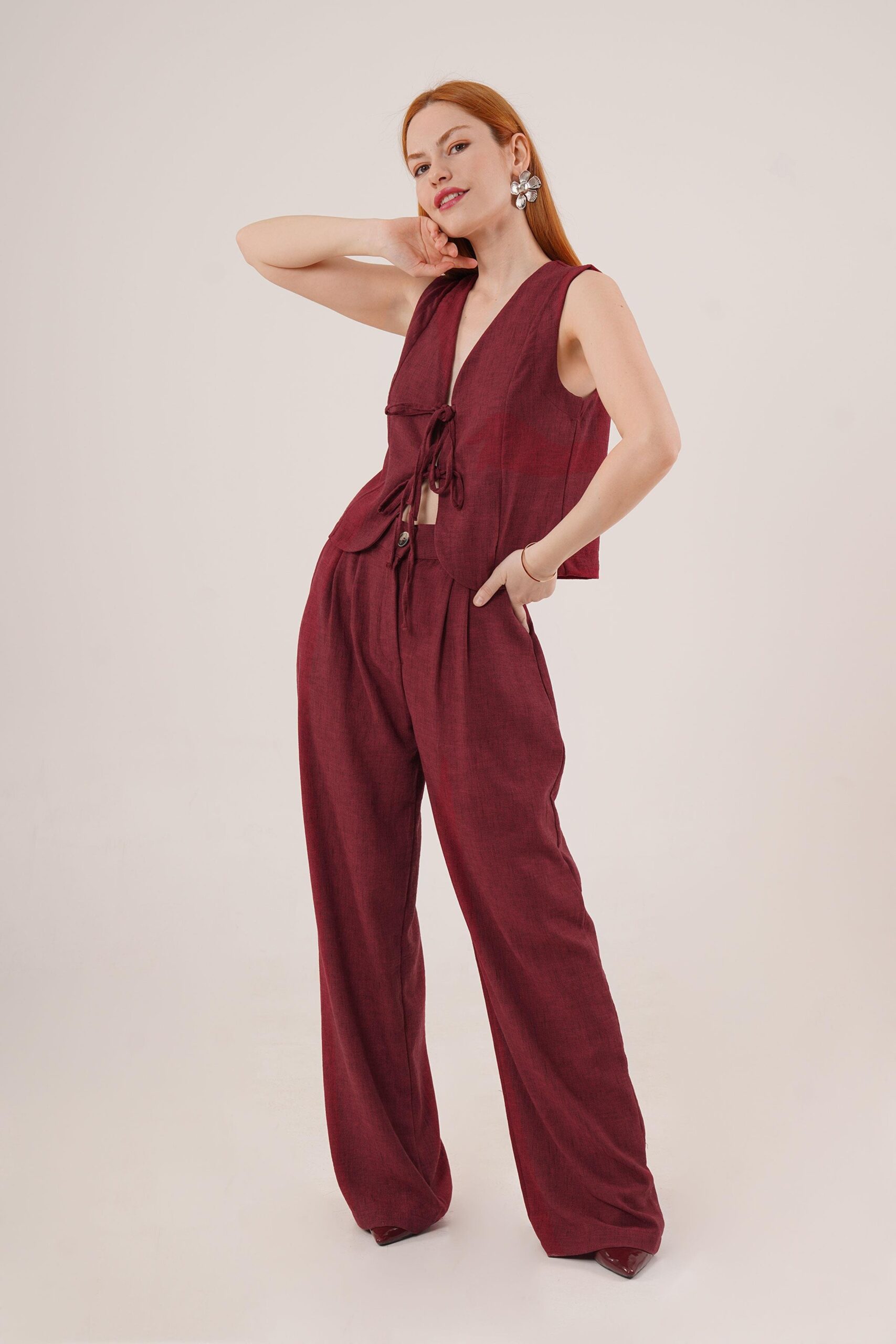 Front Drawstring Detailed Vest And Pants Burgundy Wholesale Two Piece Suit - Brand: Lustrin - Women & Kids, Baby Clothes Wholesale - TheBS Women