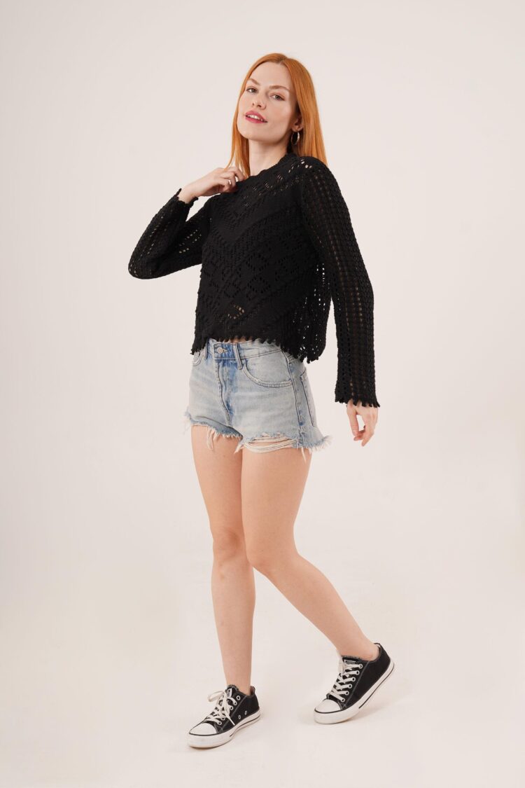 Openwork Perforated Pattern Wholesale Seasonal Black Sweater - Producer: Lustrin - Wholesale Women Clothes - TheBS Women