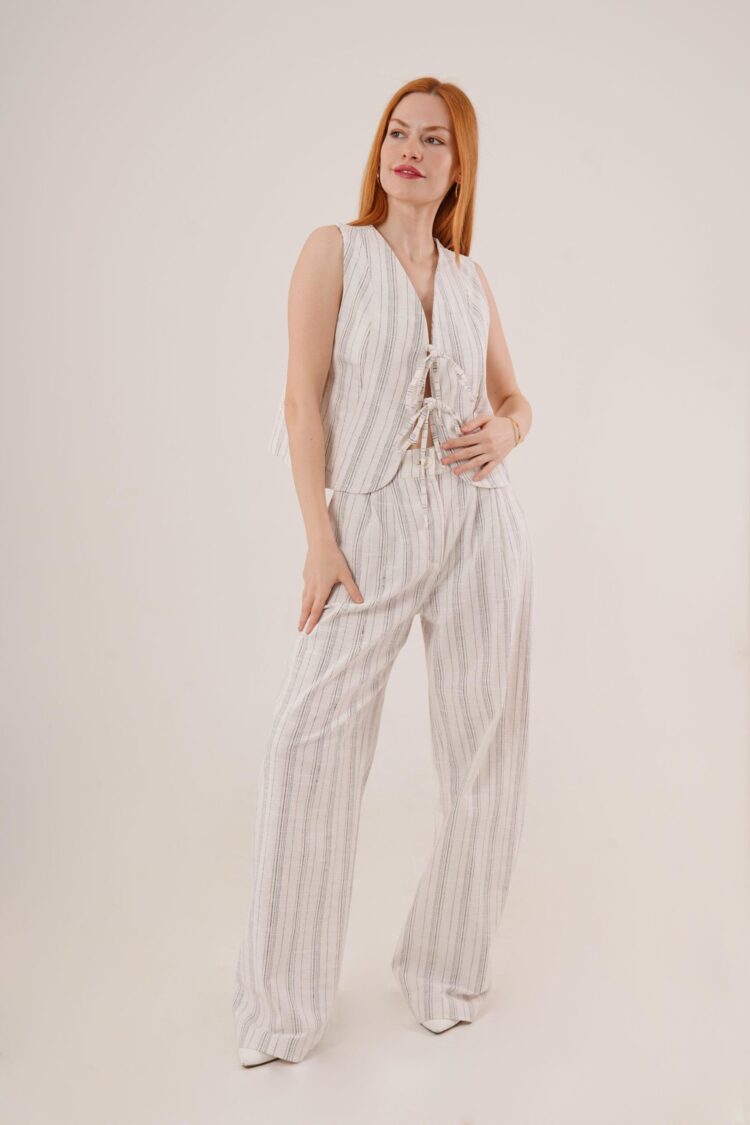 Front Drawstring Detailed Vest And Pants Black Striped Wholesale Two-piece Suit - Producer: Lustrin - Wholesale Women Clothes - TheBS Women