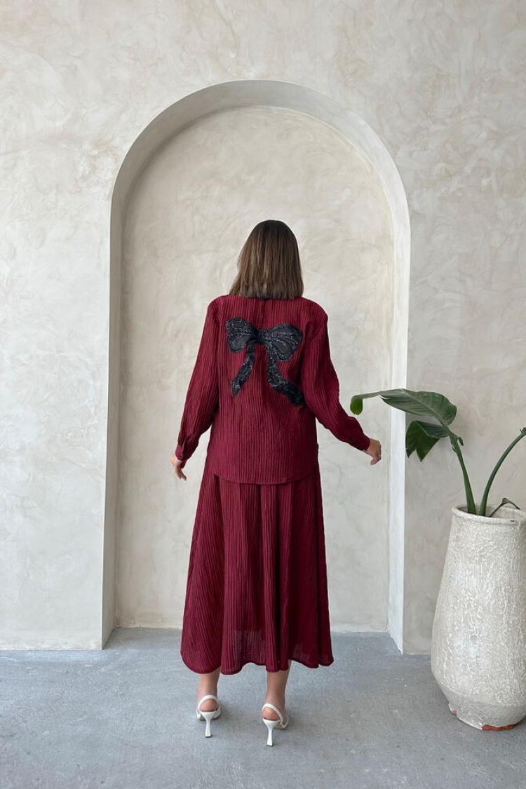 Back Bow Detailed Pleated Shirt - Burgundy - Producer: Topshow - Wholesale Women Clothes - TheBS Women