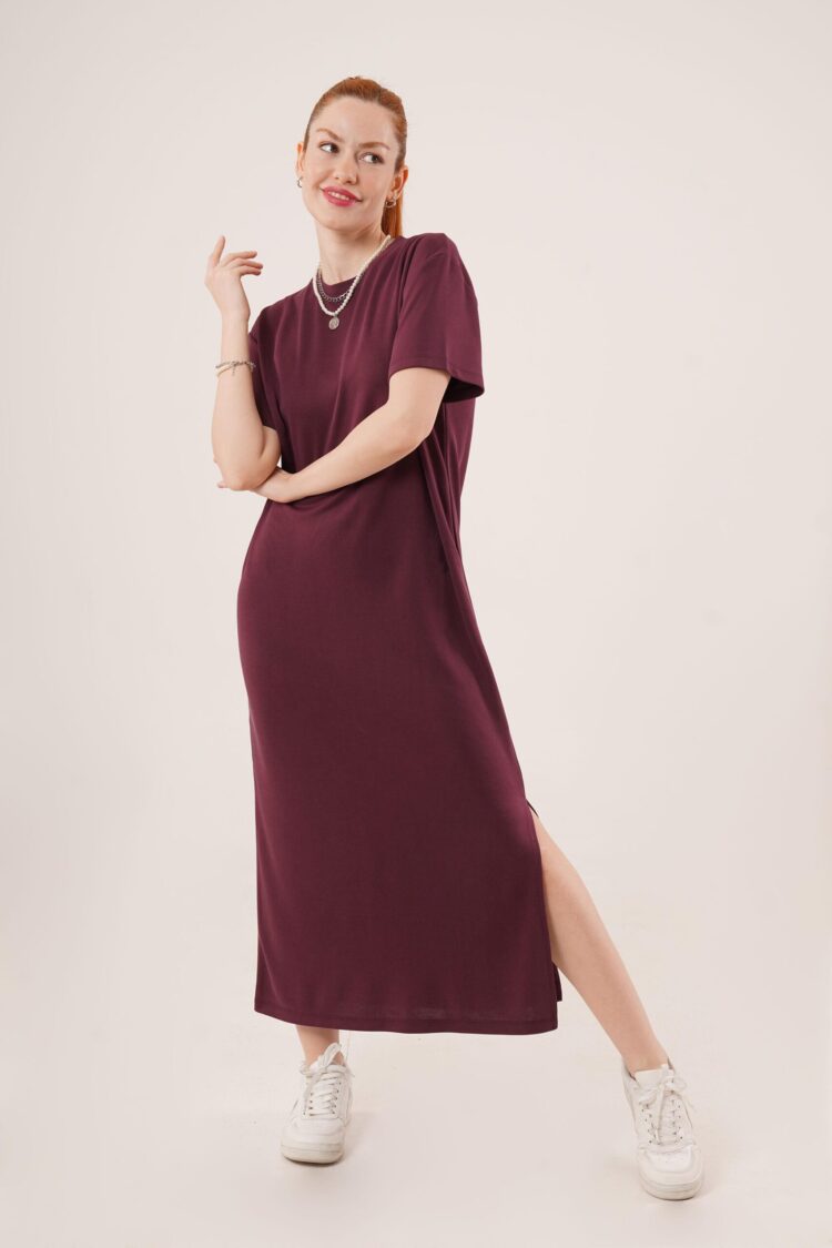 Slit Detailed Short Sleeve Slippery Maxi Burgundy Wholesale Dress - Producer: Lustrin - Wholesale Women Clothes - TheBS Women