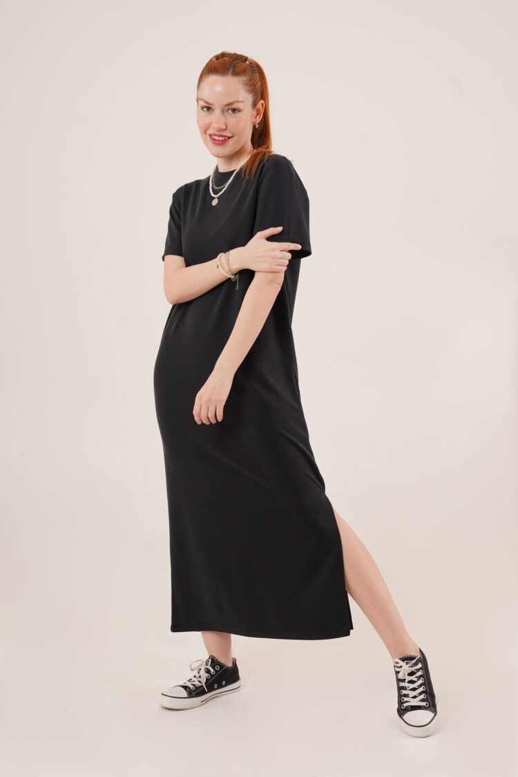 Slit Detailed Short Sleeve Slippery MaxiWholesale Dress - Producer: Lustrin - Wholesale Women Clothes - TheBS Women