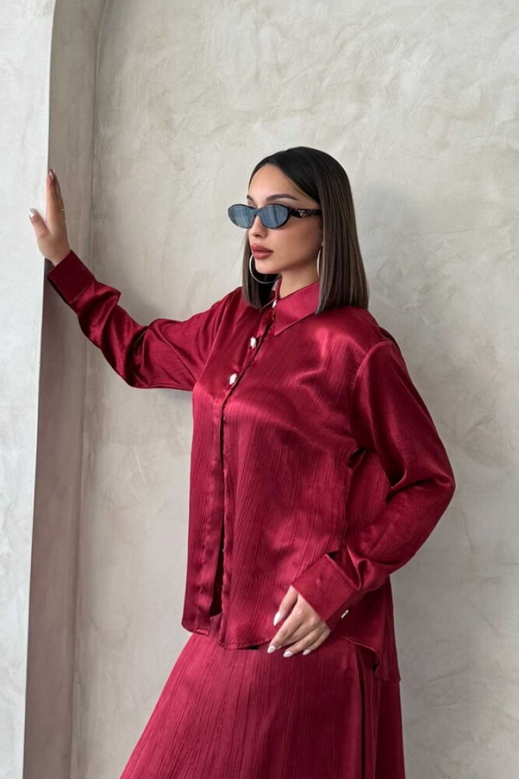 Cropped Satin Shirt - Burgundy - Producer: Topshow - Wholesale Women Clothes - TheBS Women