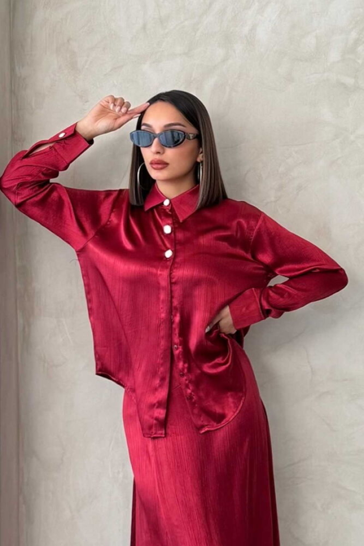 Cropped Satin Shirt - Burgundy - Producer: Topshow - Wholesale Women Clothes - TheBS Women