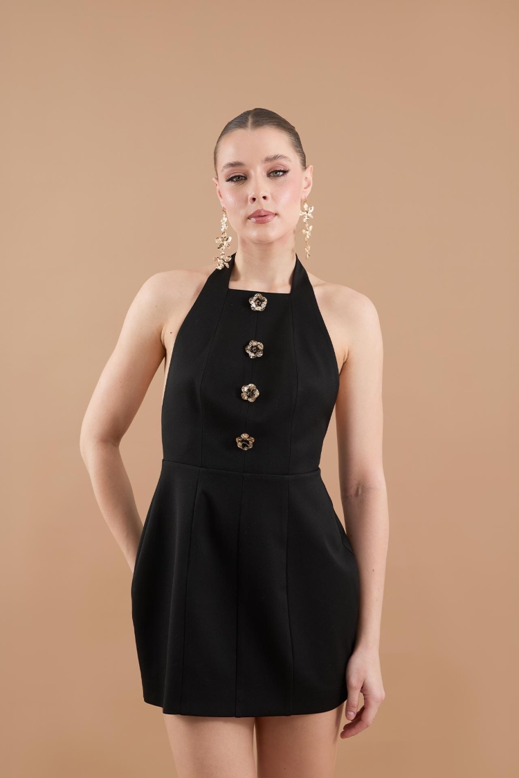 Floral Button Detail Halter Collar Mini Dress Black - Brand: Juste - Women & Kids, Baby Clothes Wholesale - TheBS Women