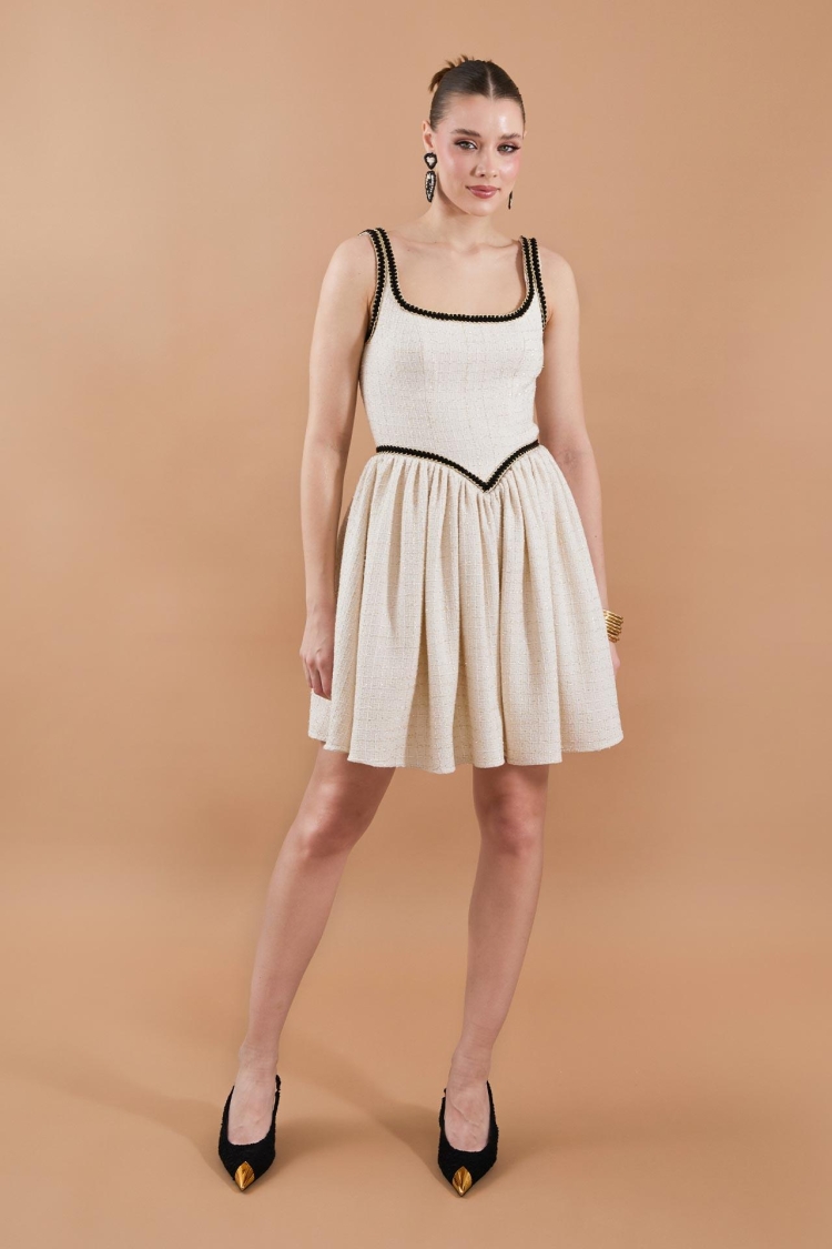 Tweed Strap Detail Mini Dress Beige - Producer: Juste - Wholesale Women Clothes - TheBS Women
