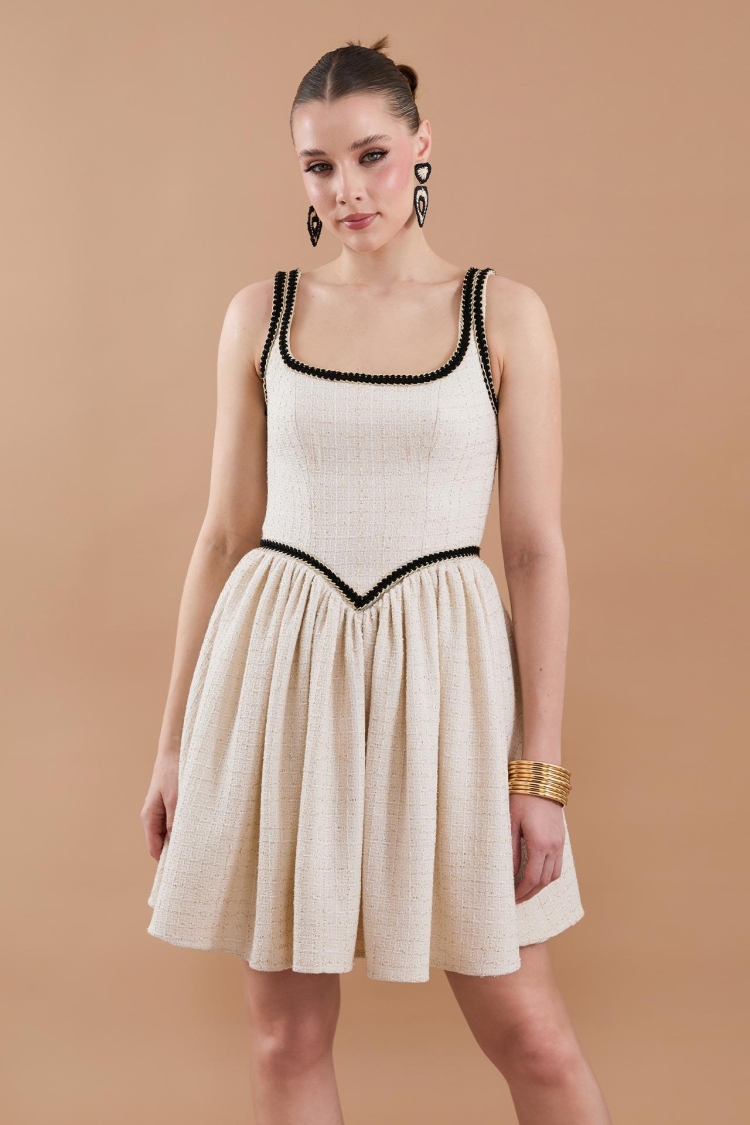 Tweed Strap Detail Mini Dress Beige - Producer: Juste - Wholesale Women Clothes - TheBS Women