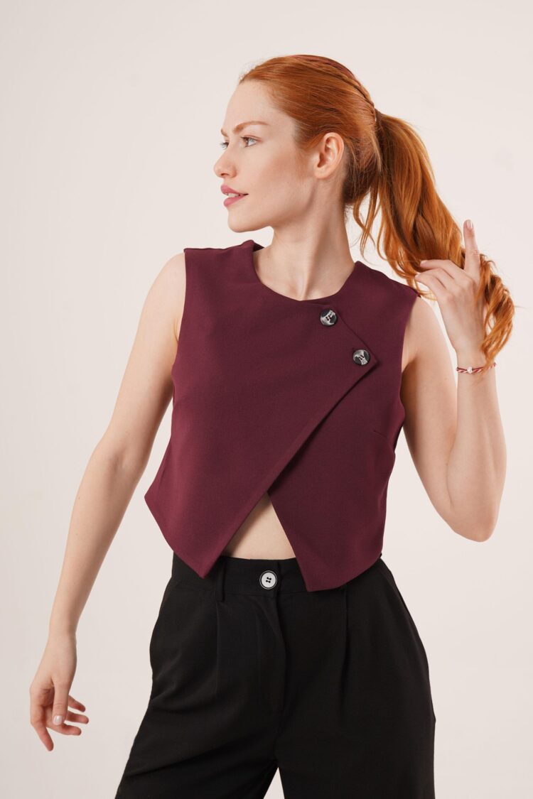 Double Button Cross Pattern Burgundy Wholesale Vest - Producer: Lustrin - Wholesale Women Clothes - TheBS Women