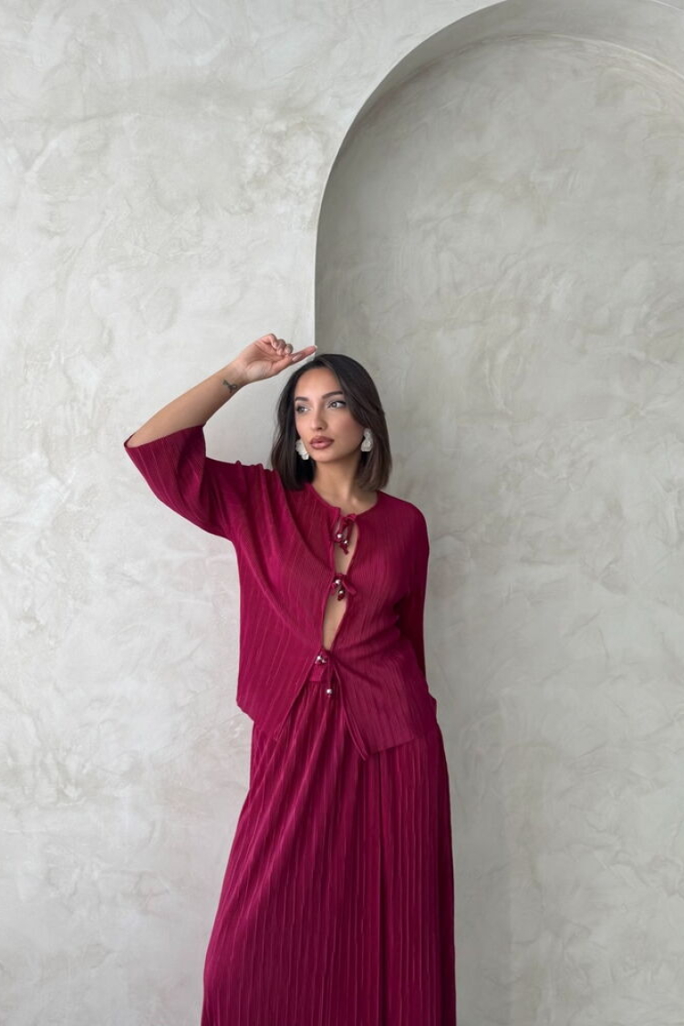 Front Tie Pleated Jacket - Burgundy - Producer: Topshow - Wholesale Women Clothes - TheBS Women