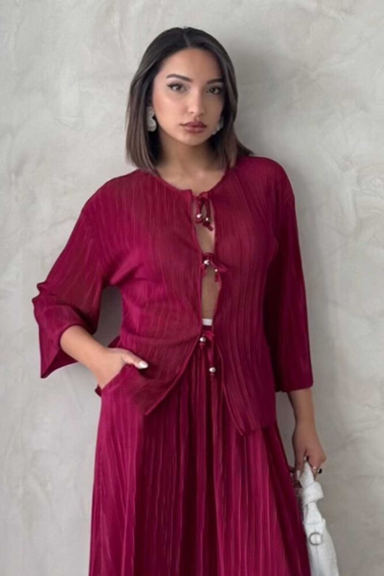 Front Tie Pleated Jacket - Burgundy - Producer: Topshow - Wholesale Women Clothes - TheBS Women