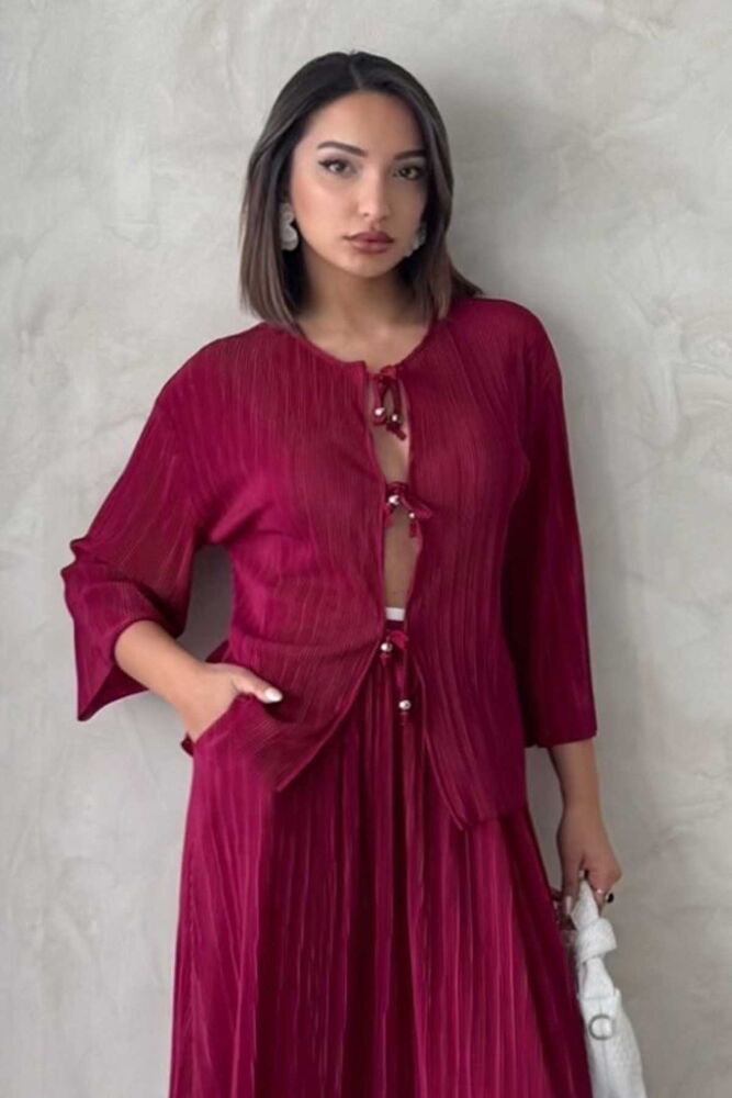 Front Tie Pleated Jacket - Burgundy - Producer: Topshow - Wholesale Women Clothes - TheBS Women