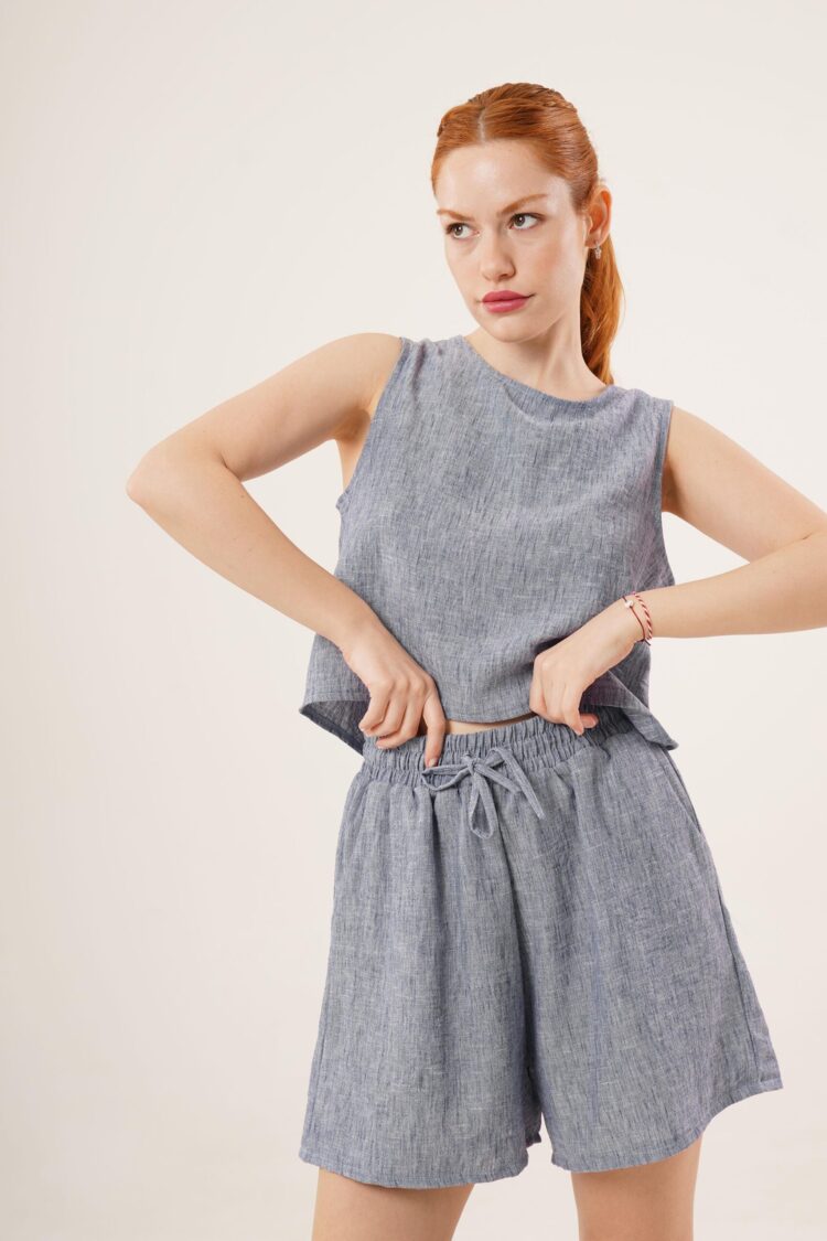 Back Button Detailed Blouse And Shorts With Pockets Double Wholesale Indigo Suit - Producer: Lustrin - Wholesale Women Clothes - TheBS Women