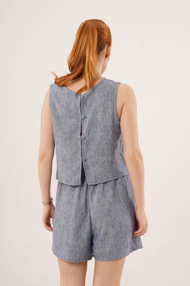 Back Button Detailed Blouse And Shorts With Pockets Double Wholesale Indigo Suit - Producer: Lustrin - Wholesale Women Clothes - TheBS Women